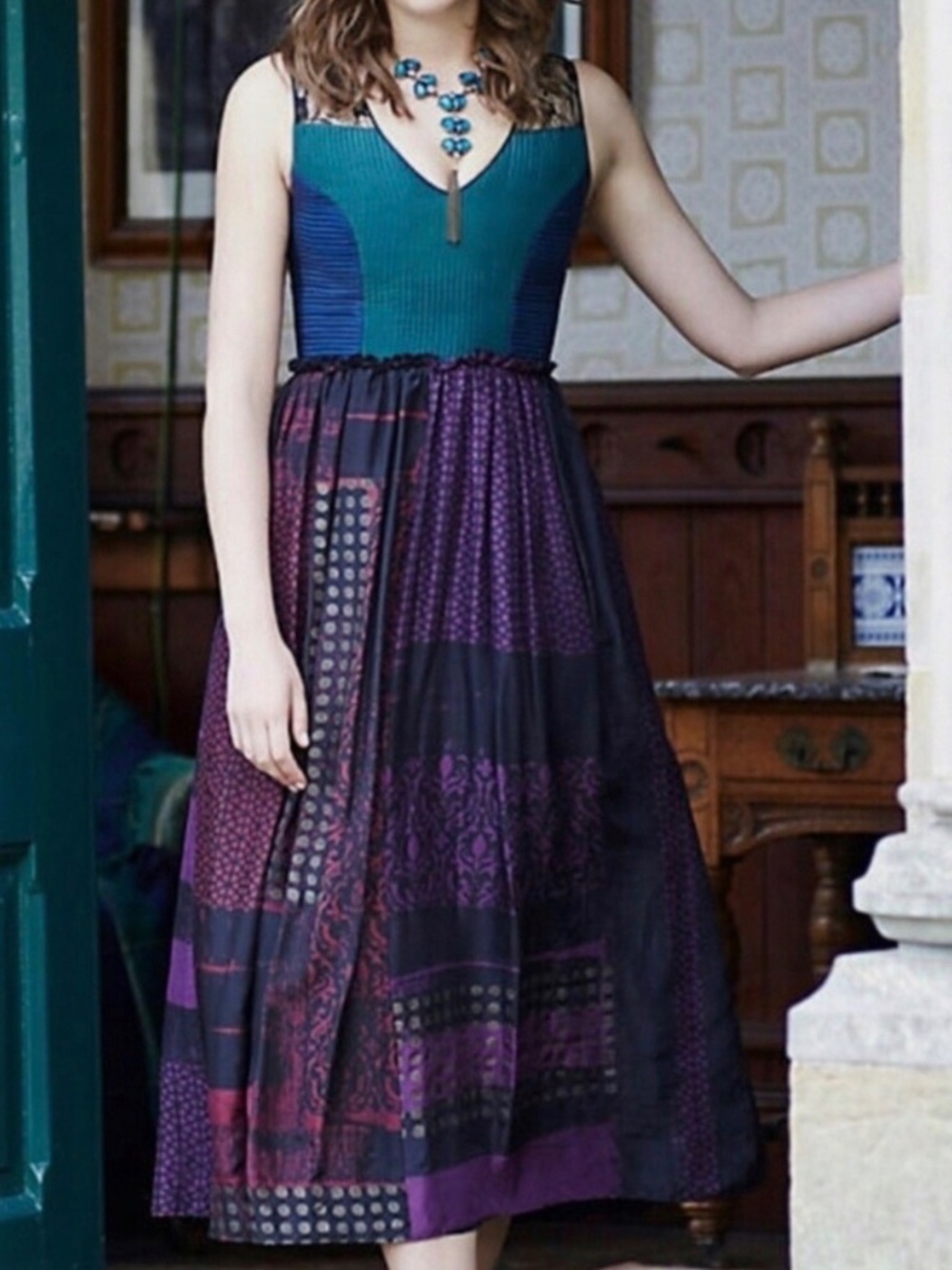 Anthropologie Niki Mahajan Montage Midi Silk Dress